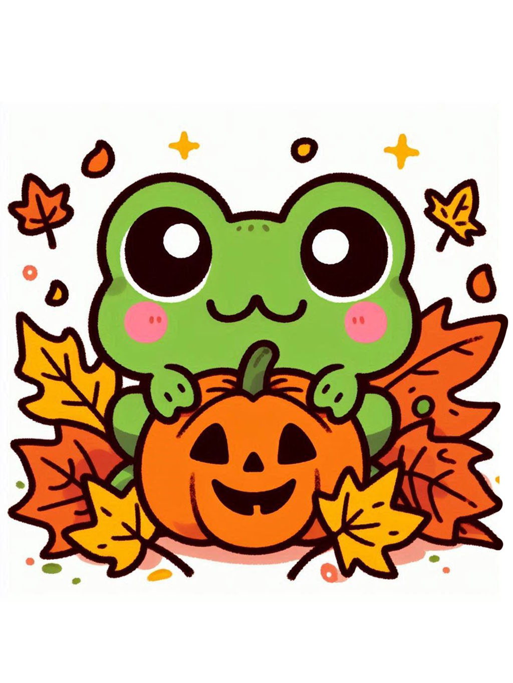 halloween frog drawing ideas: An adorable frog snuggled on a pumpkin, surrounded by autumn leaves.